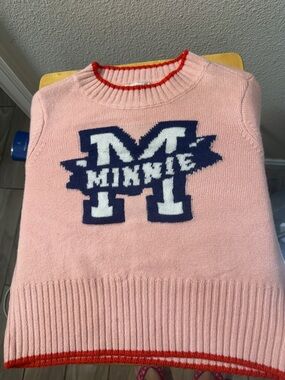 Disney Pink Minnie Logo Crewneck Sweater with Navy & White Accent